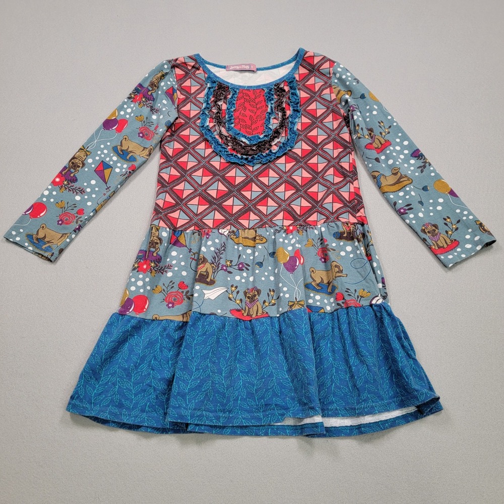 Girls Jelly the Pug Chloe Ruffle Dress, Red/Blue Geometric Floral Pugs Size 12